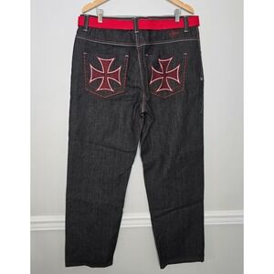 Vintage Y2K Jinzu Mens Baggy Hip Hop Punk Jeans Size 38x32 Black Rigid Red Cross